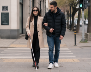 Slika slijepa osoba i videći pratitelj prelaze zebru