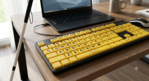 Slika tipkovnica žute tipke crna slova s brajevim oznakama, laptop, štap